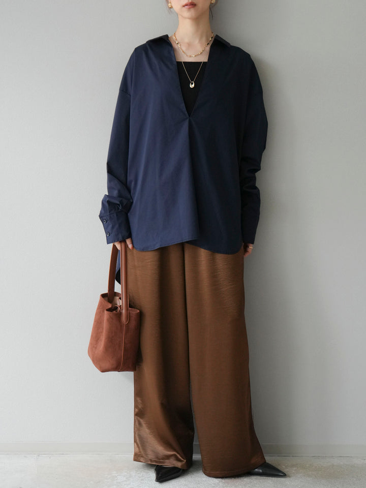 [予約]サテンラインワイドパンツ/ブラウン