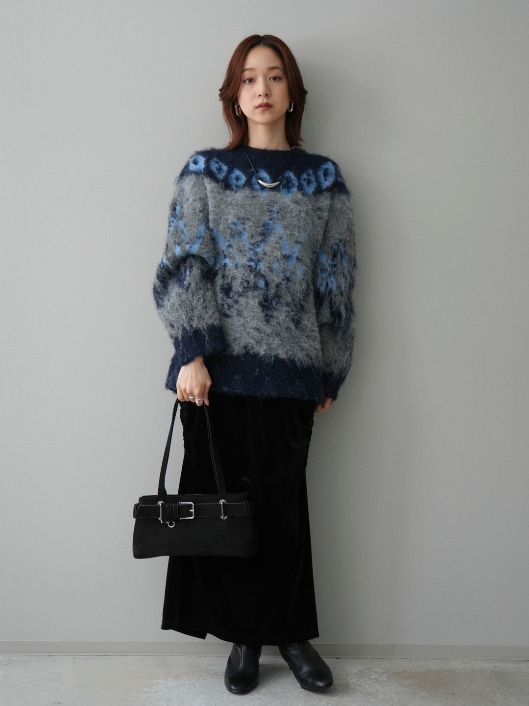 [SET]シャギーニュアンス柄ニットプルオーバー+ギャザーベロアスカート(2set)
