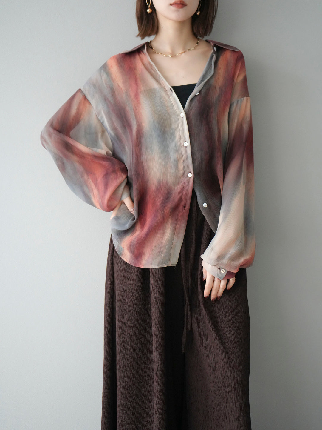 [予約]ニュアンス柄シアーシャツ/レッド