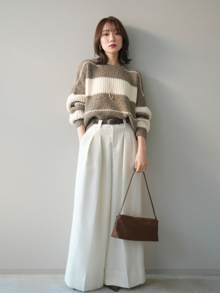 [SET]ネップヤーンボーダーニットプルオーバー+ウールタッチベルト付ワイドパンツ(2set)