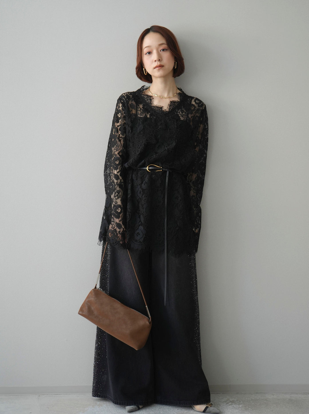 [予約]サイドビジューワイドデニムパンツ/black