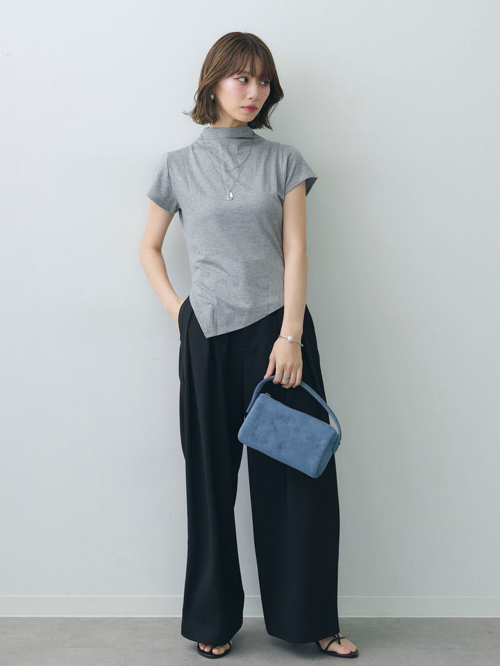 [SET]ヘムアシメバックボタンデザインフレンチトップ+クレープデシンタックワイドパンツ(2set)