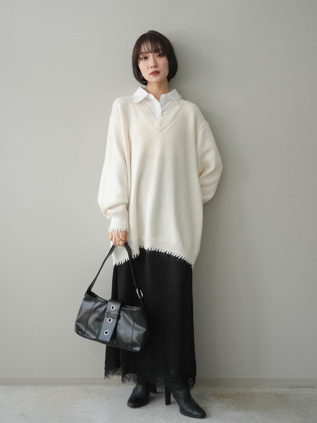 [SET]シャツドッキングVネックフリンジニットプルオーバー+選べるアクセセット(2set)