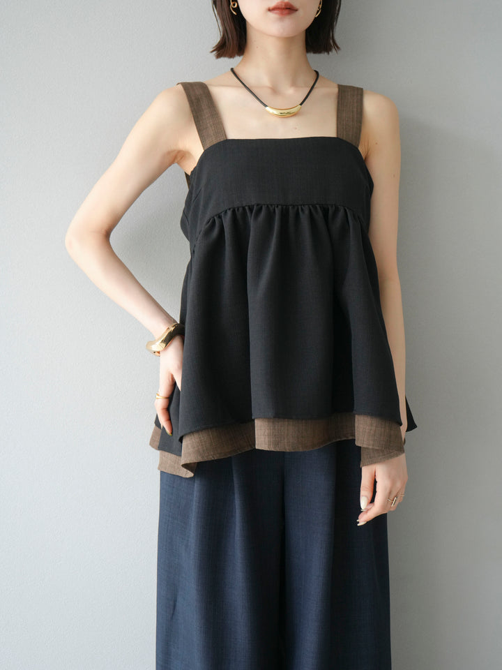 [予約]リネンライク配色フレアタンクトップ/ブラック