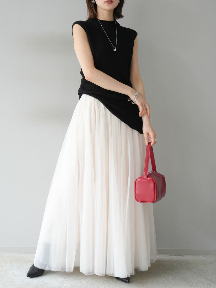[SET]ブークレアシメニットノースリーブトップス+チュールボリュームスカート(2set)