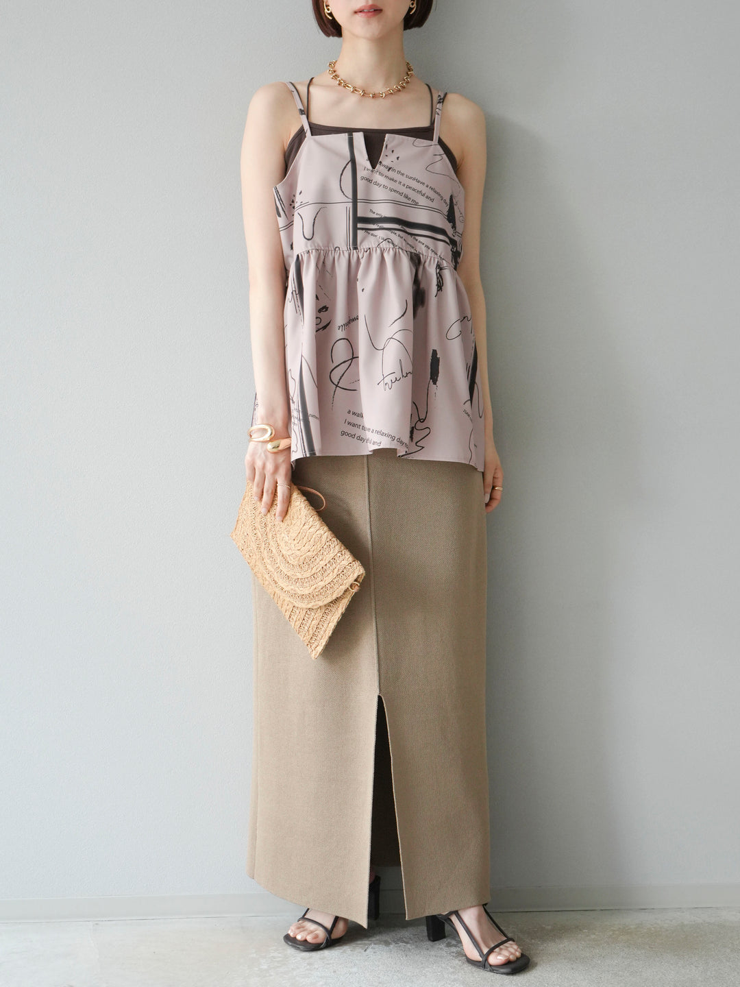 [予約]レーヨンポリIラインニットスカート/ベージュ