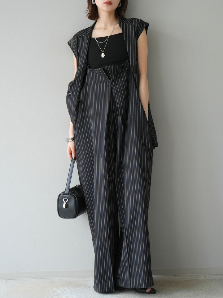 【着回しセット】[SET]ヘリンボーンストライプジレ+シアー切替ベロアトップス+ヘリンボーンストライプサロペット(3set)