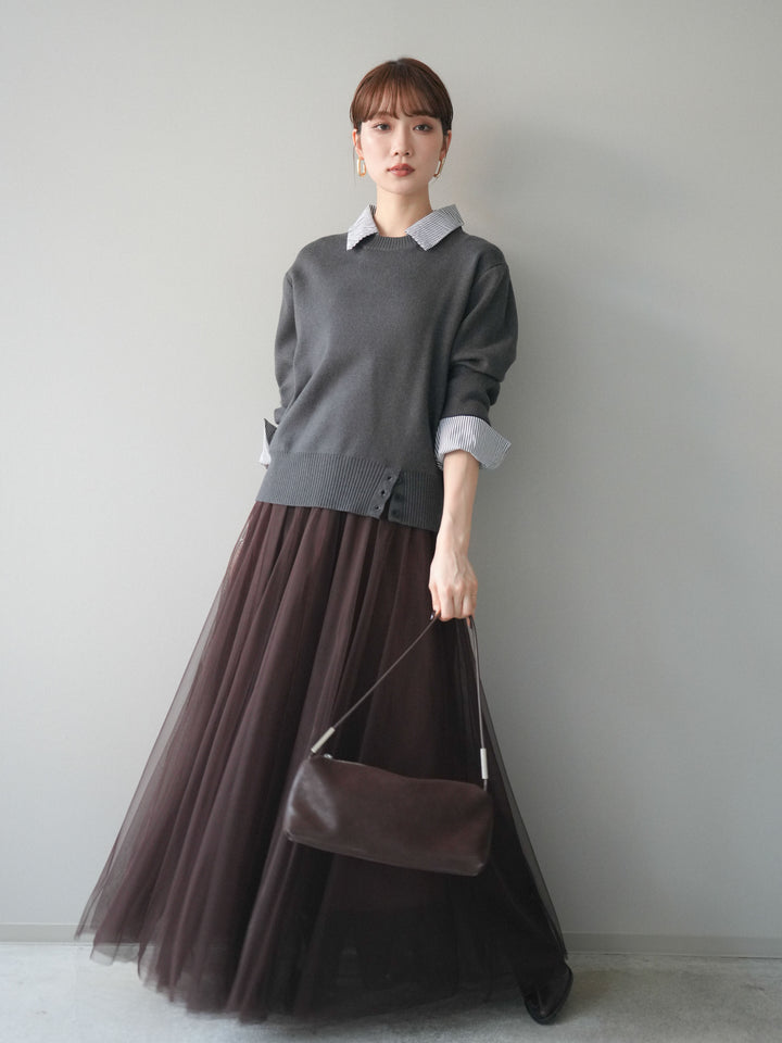 [予約]シャツドッキングデザイン裾ボタンニットプルオーバー/gray