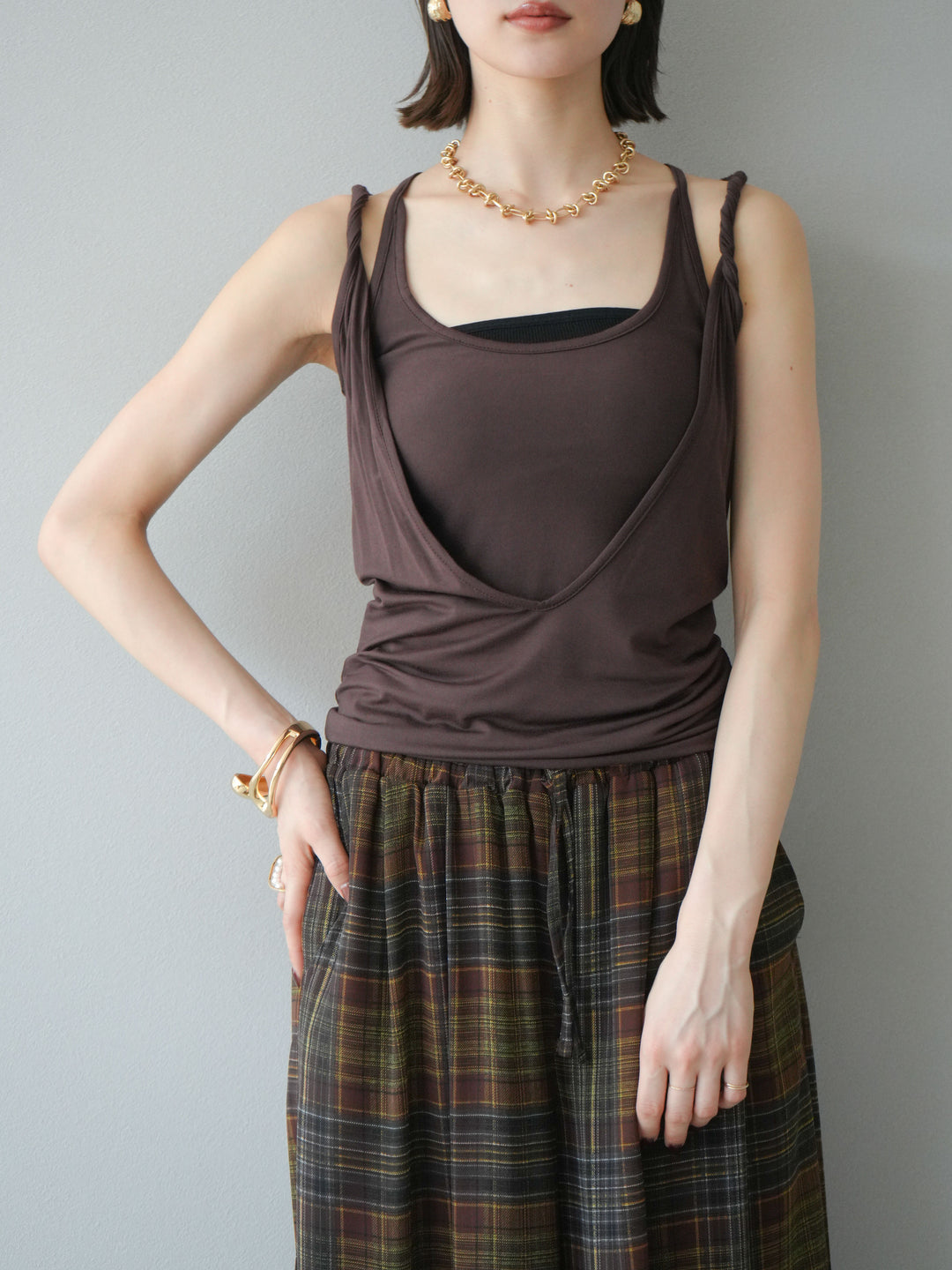 [予約]レイヤードツイストタンクトップ/ブラウン