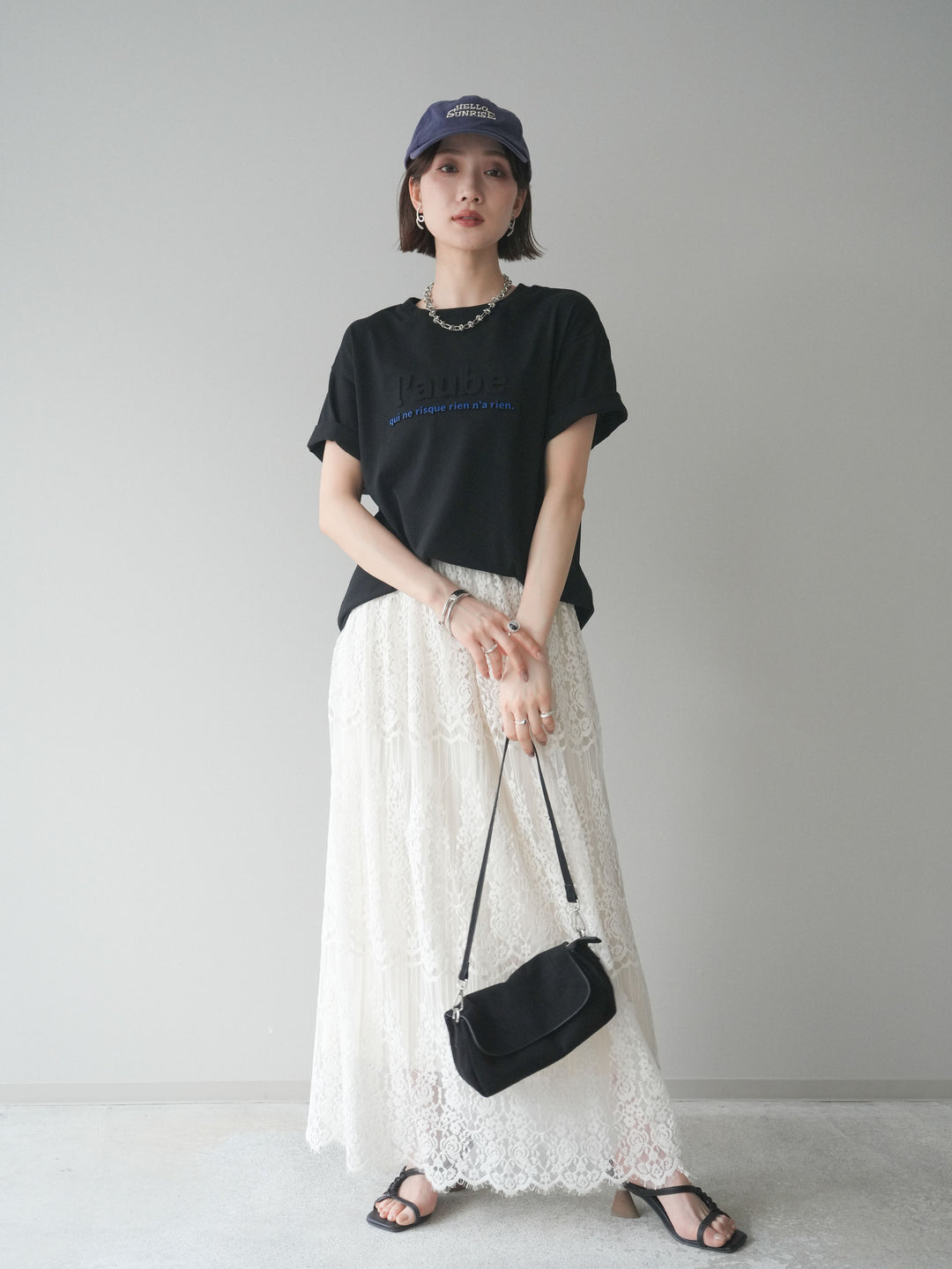 [SET]エンボスロゴTEE+裏プリーツ総レースロングスカート(2set)