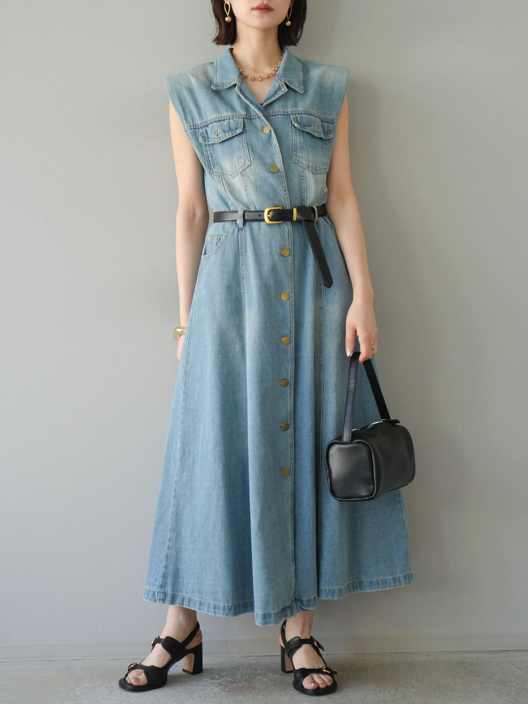 [予約]ベルト付デニムシャツデザインワンピース/ライトブルー