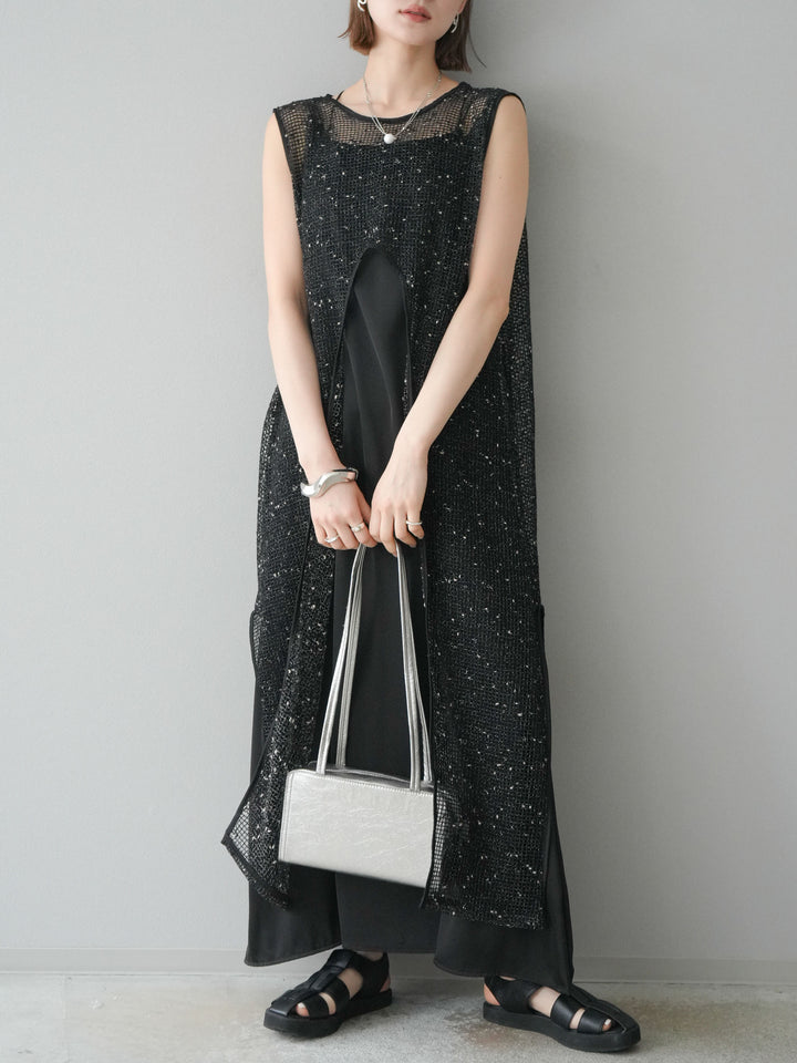 【預購】前開衩網紗連身裙/黑色