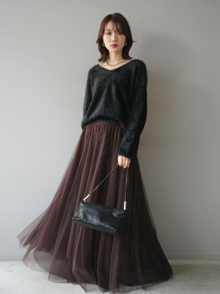 [予約]バックリボンVネックシャギーニットプルオーバー/black