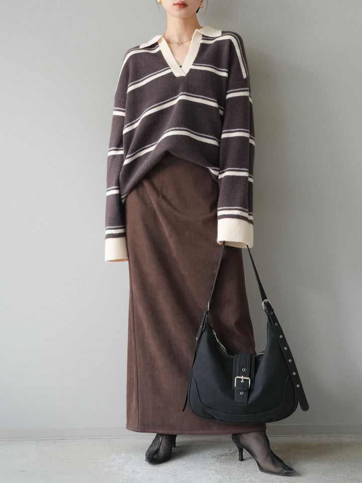 [SET]ポロ襟スキッパーボーダーニットプルオーバー+スウェードIラインスカート(2set)