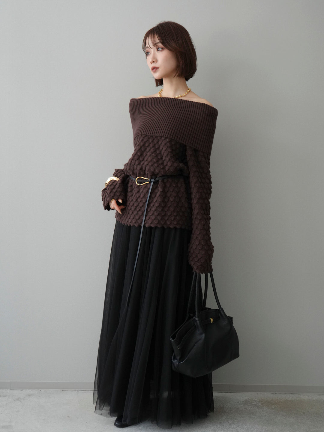 [予約]ポコポコ編みオフショルニットプルオーバー/brown