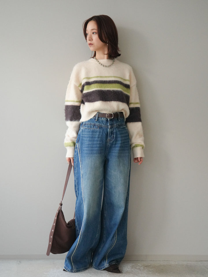 [SET]ソフトタッチボーダークロップドニットプルオーバー+サイドフリンジワイドデニムパンツ(2set)