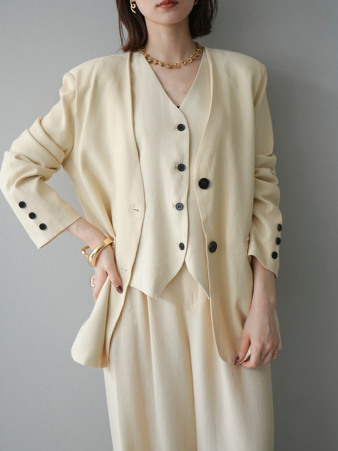 [予約]ノーカラーオーバージャケット/ベージュ