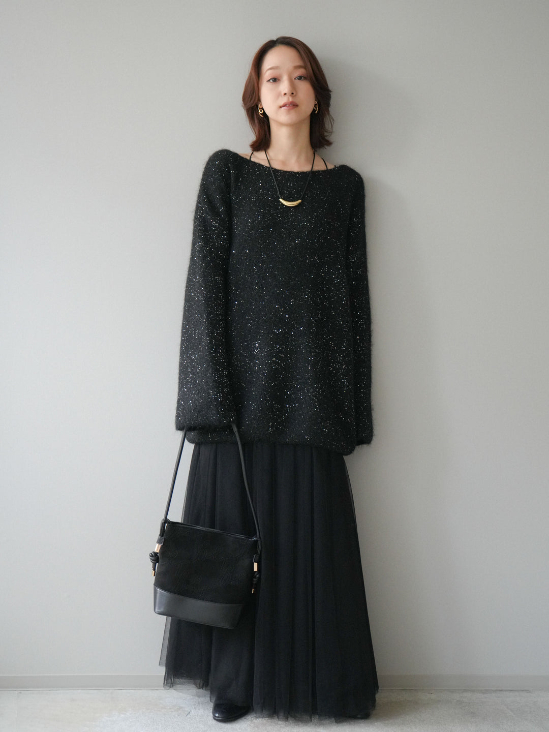 [予約]スパンコールミニシャギーニットチュニック/black