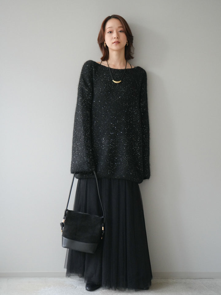 [予約]スパンコールミニシャギーニットチュニック/black