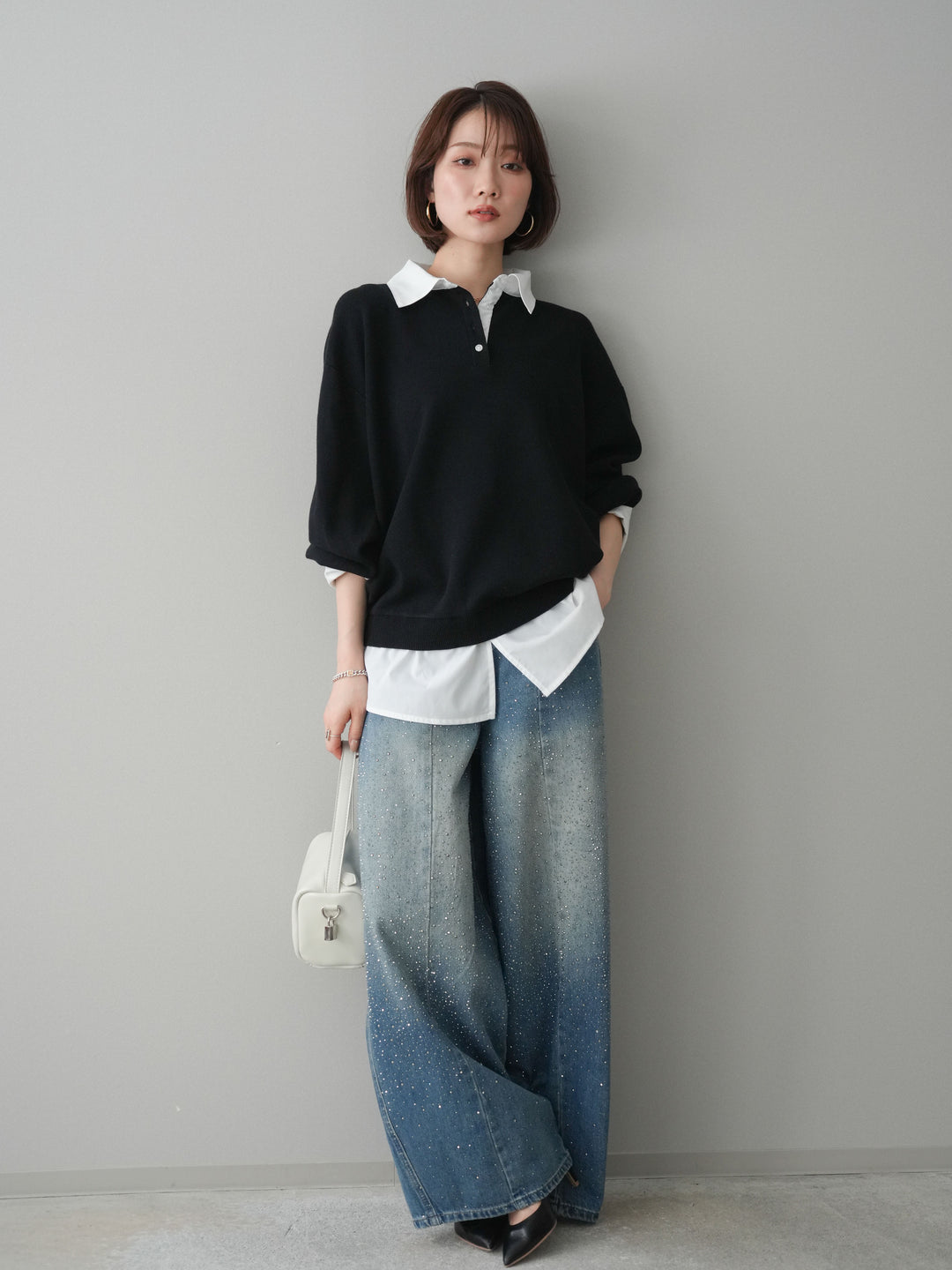 [予約]シャツドッキングオーバーニットプルオーバー/blackoff
