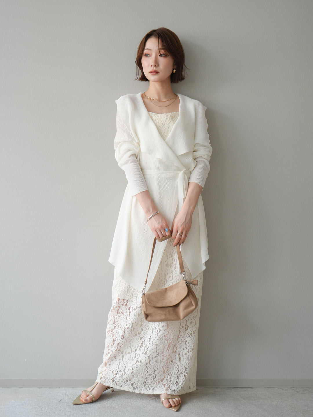 [SET]ドレープリブニットガウン+フルレースキャミ＆IラインスカートSET UP(2set)