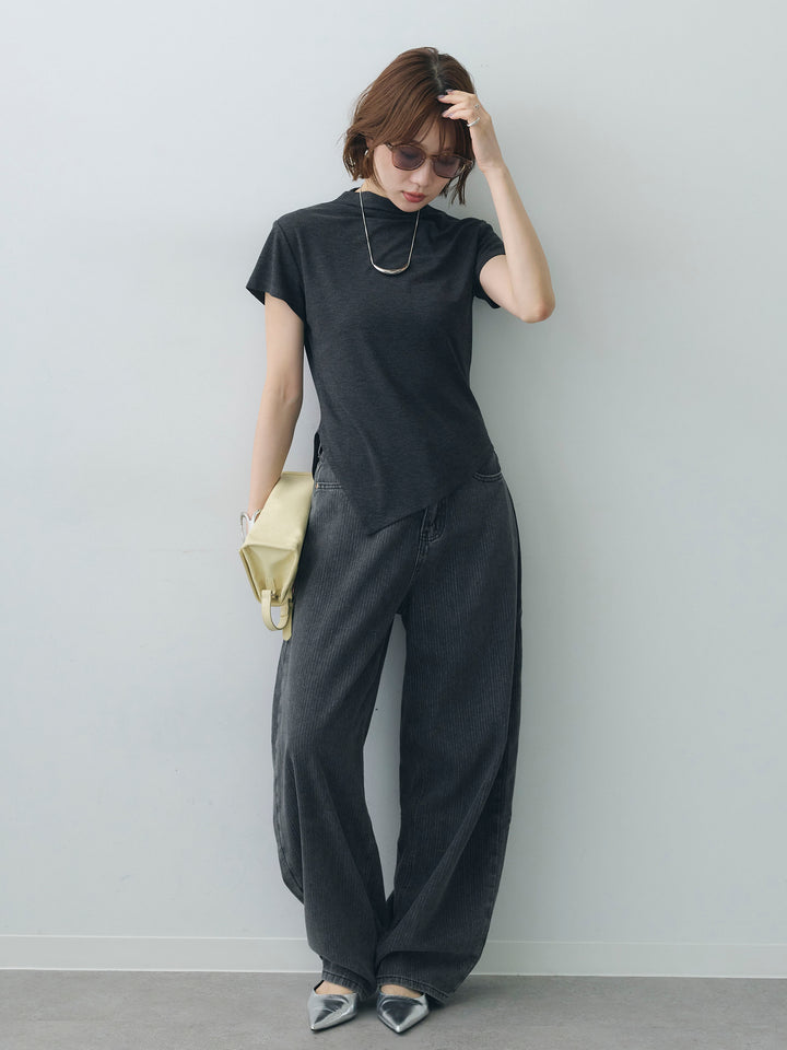 [予約]ヘムアシメバックボタンデザインフレンチトップ/charcoal
