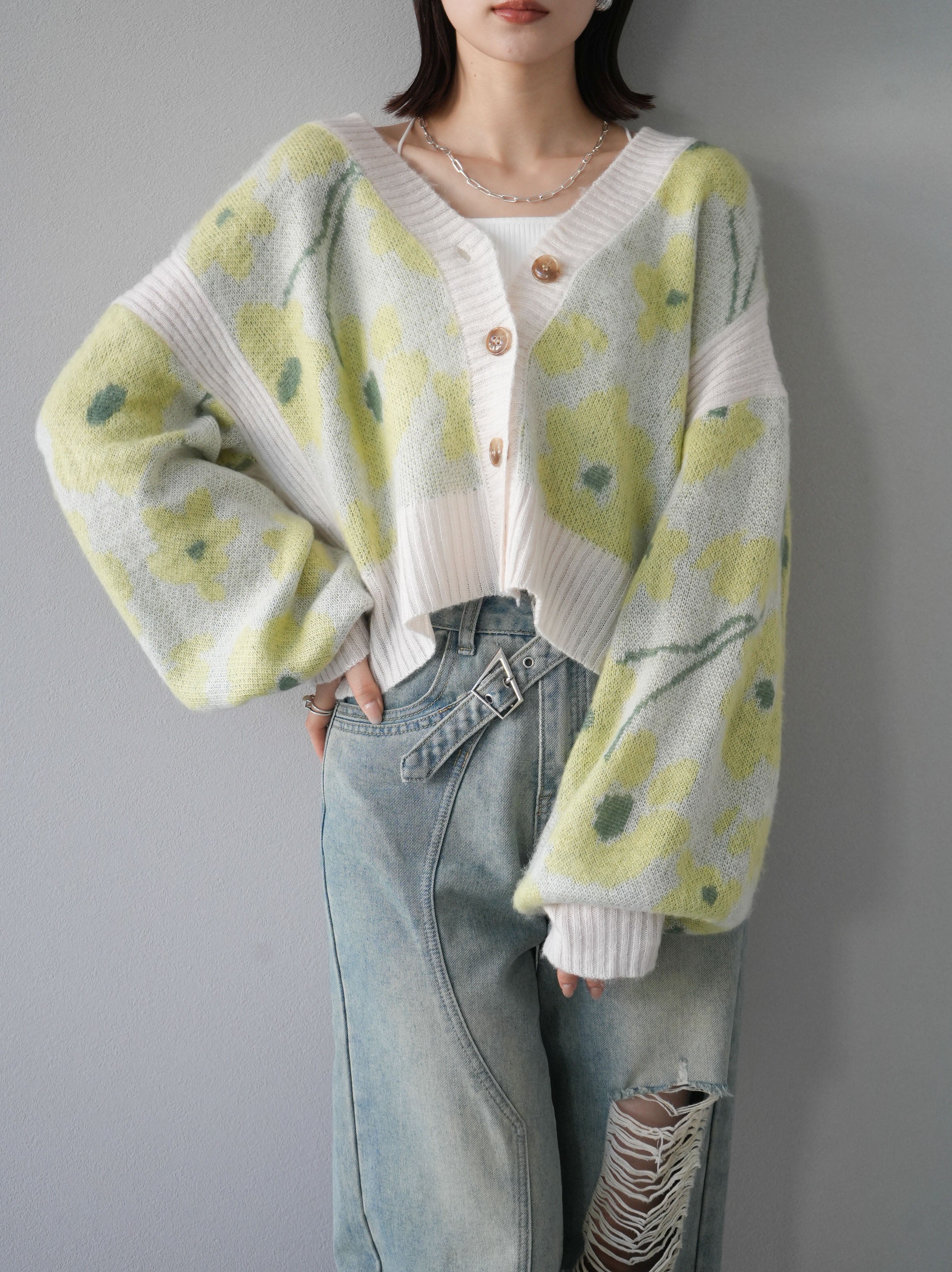 SET]フラワー柄クロップドニットカーディガン+フラワー柄クロップド