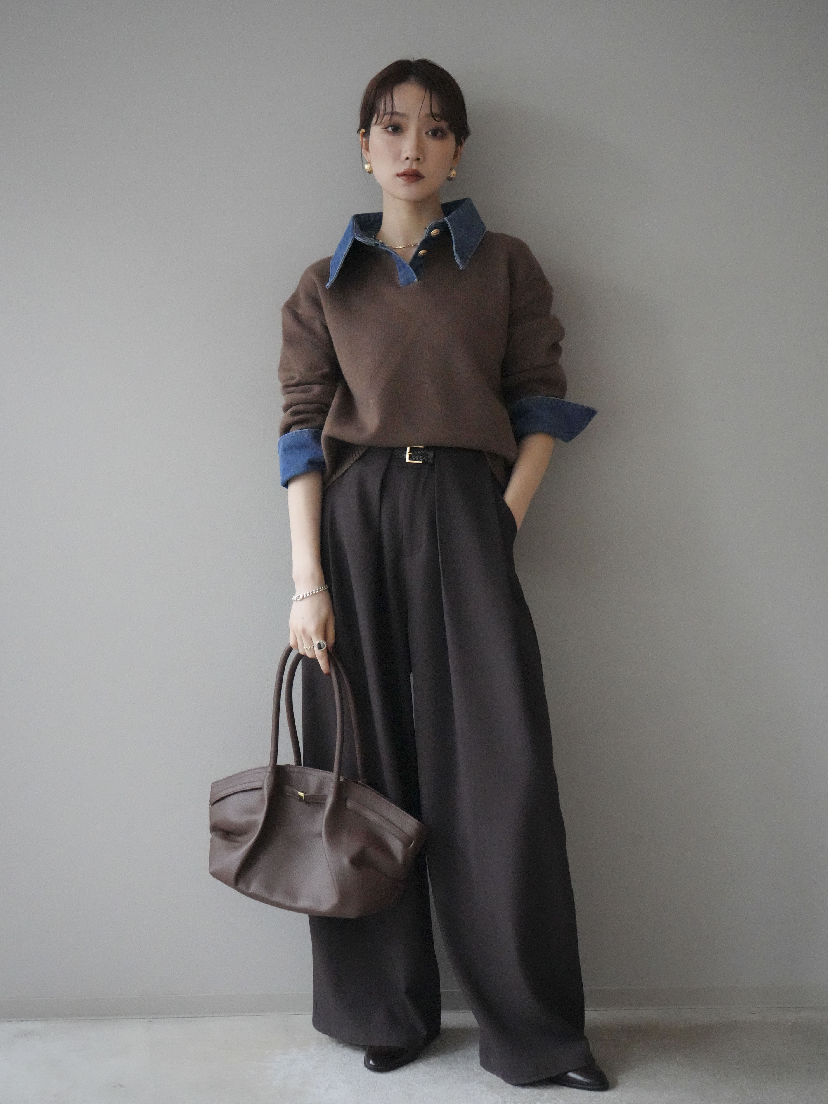 SET]デニム襟ポロニットプルオーバー+ベルトループデザインワイド