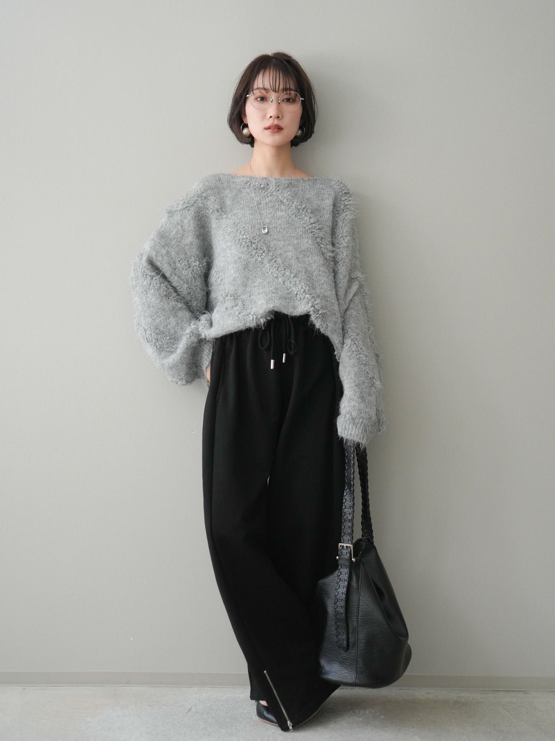 [SET]シャギーデザインニットプルオーバー+裾ZIPスエットワイドパンツ(2set)