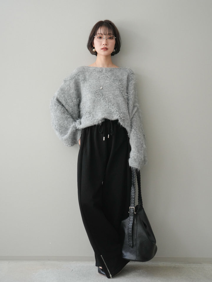[SET]シャギーデザインニットプルオーバー+裾ZIPスエットワイドパンツ(2set)
