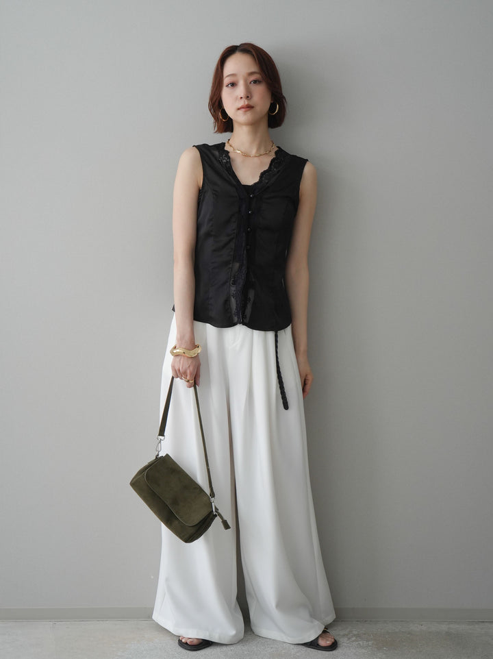 [予約]ノースリサテンレースキャミソール/black