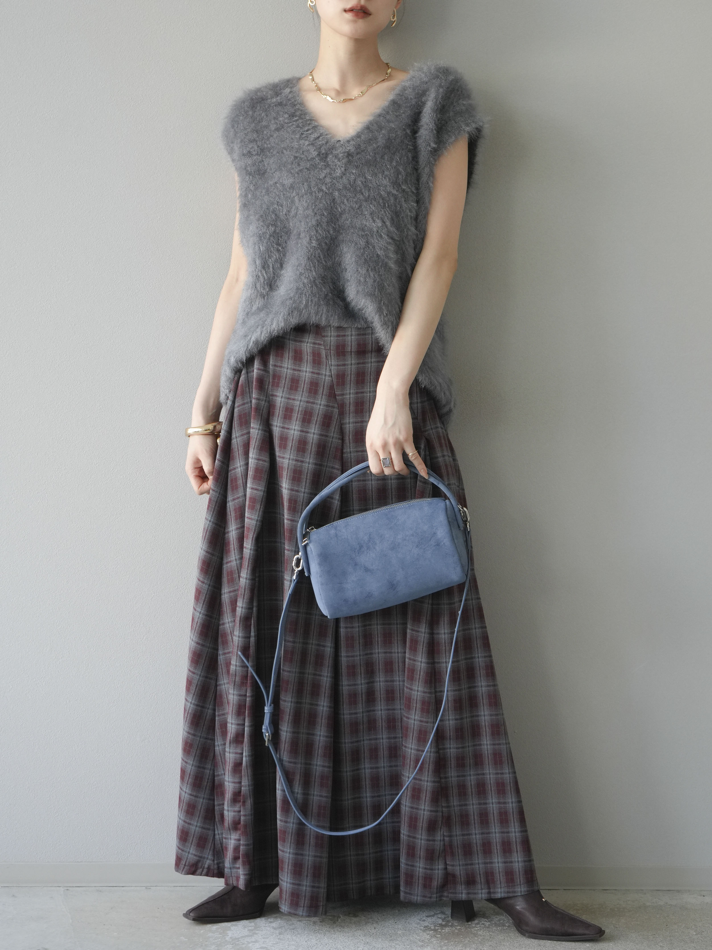 予約]チェックタックフレアロングスカート/ ボルドー – Lumier