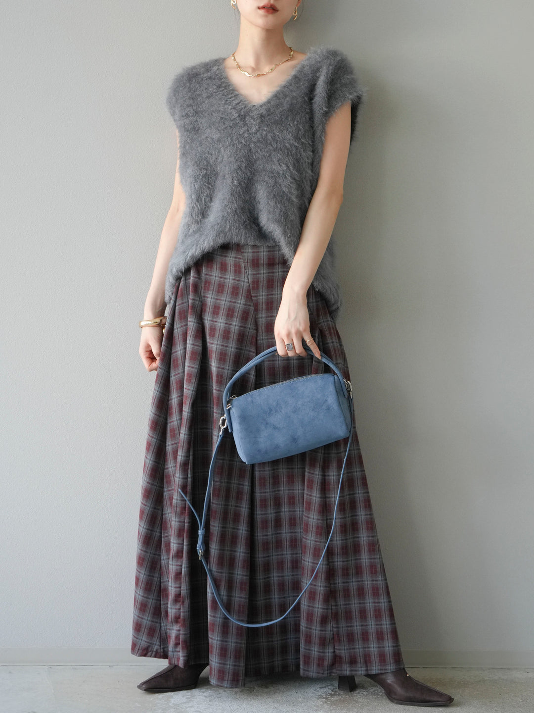 [予約]チェックタックフレアロングスカート/ ボルドー