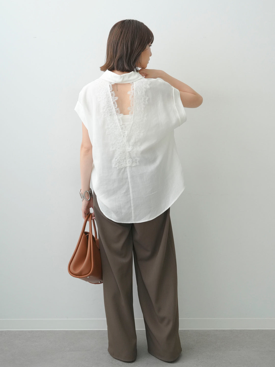 [SET]バックレースフレンチシャツ+クレープデシンタックワイドパンツ(2set)