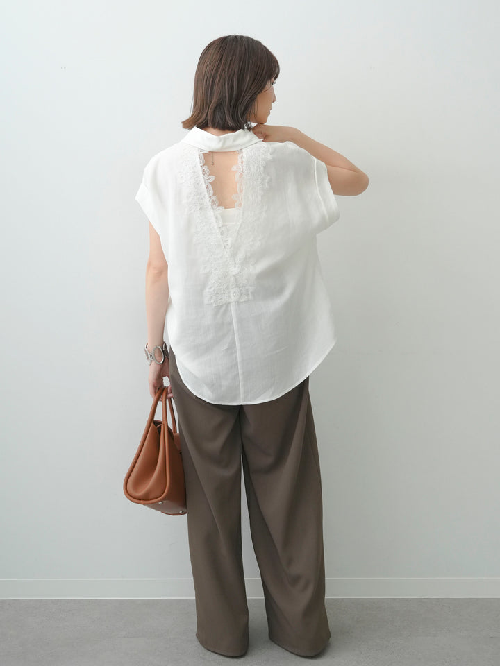 [SET]バックレースフレンチシャツ+クレープデシンタックワイドパンツ(2set)