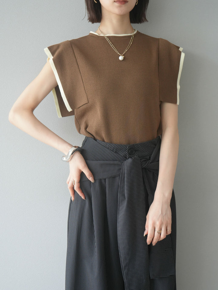 [予約]リネンタッチスクエアスリーブ配色ニットプルオーバー/モカ