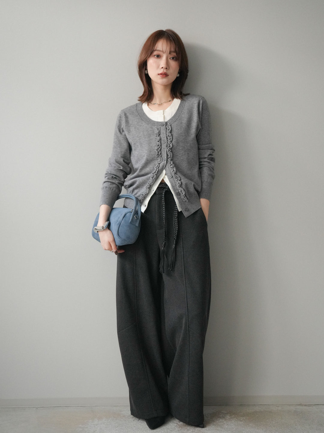 [予約]配色レイヤードフリルデザインニットカーディガン/gray