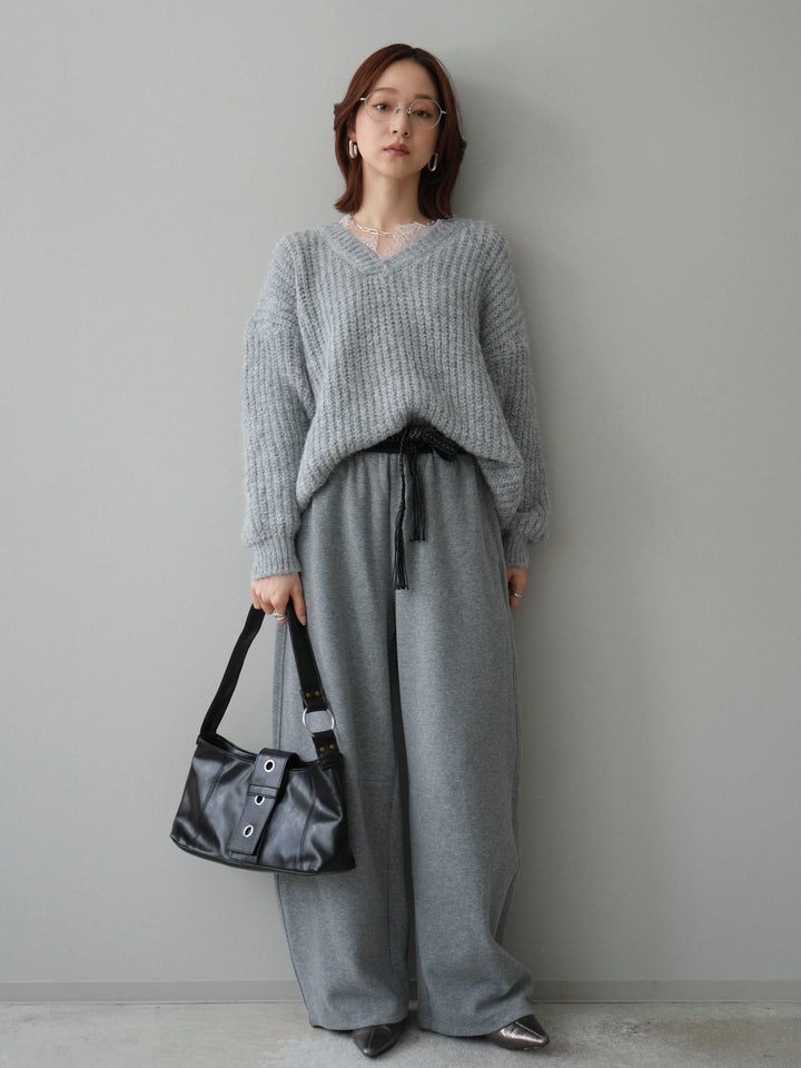 [SET]Vネックレースニットプルオーバー+編み込みベルト付きウエスト配色スエットパンツ(2set)