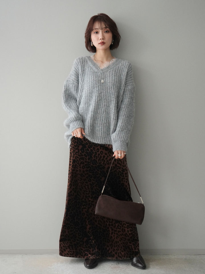 [SET]Vネックレースニットプルオーバー+レオパードベロアナロースカート(2set)