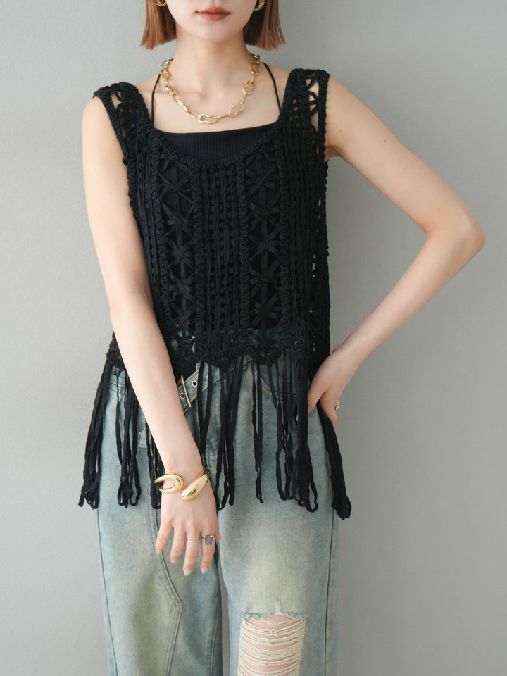 [予約]クロシェフリンジノースリーブトップス/ブラック