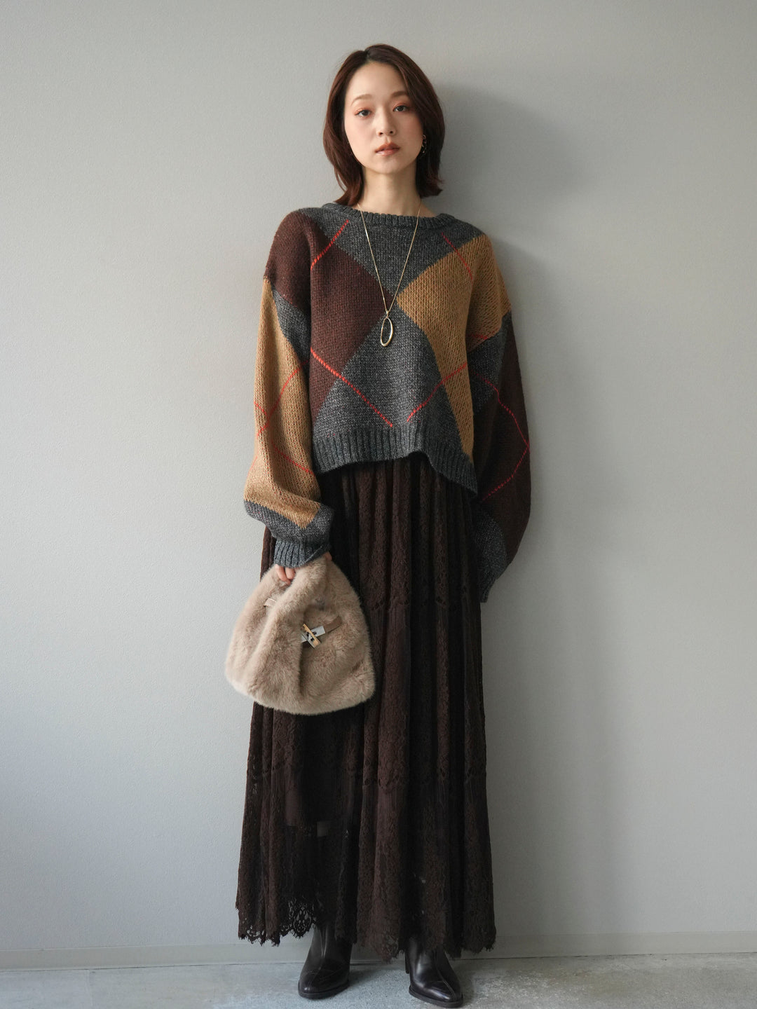 [SET]配色ステッチアーガイル柄ニットプルオーバー+ヴィンテージライクメッシュレーススカート(2set)