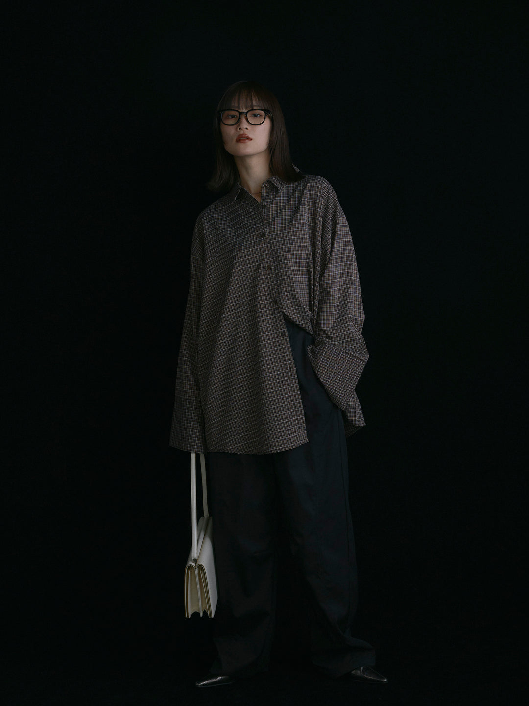 【Allure】[SET]チェックBIGカフスオーバーシャツ+タフタワイドカーブパンツ(2set)
