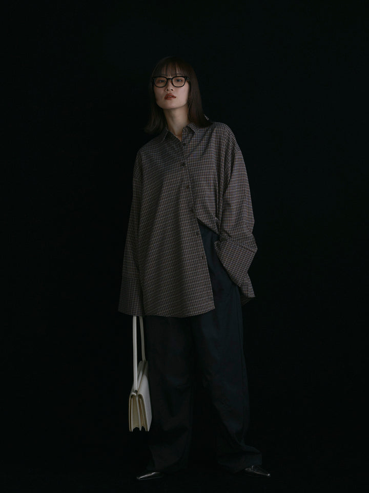 【Allure】[SET]チェックBIGカフスオーバーシャツ+タフタワイドカーブパンツ(2set)