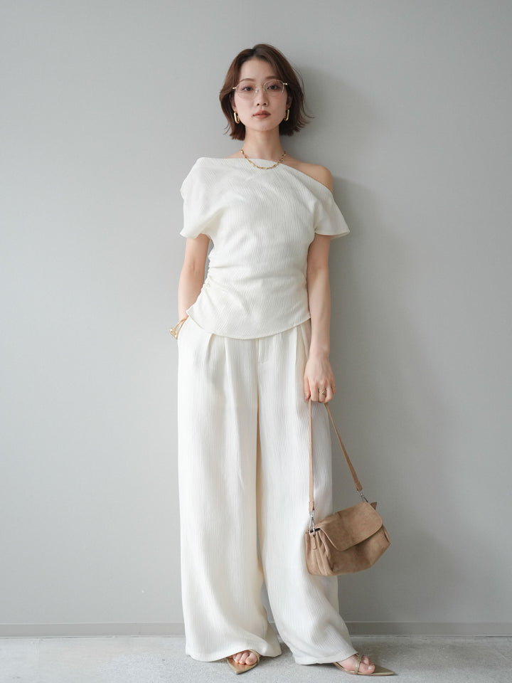 [SET]クレープアシンメトリーギャザートップス+クレープドレープタックパンツ(2set)