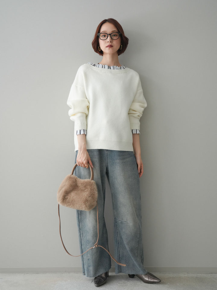[予約]裏起毛カットオフカーブデニムパンツ/blue
