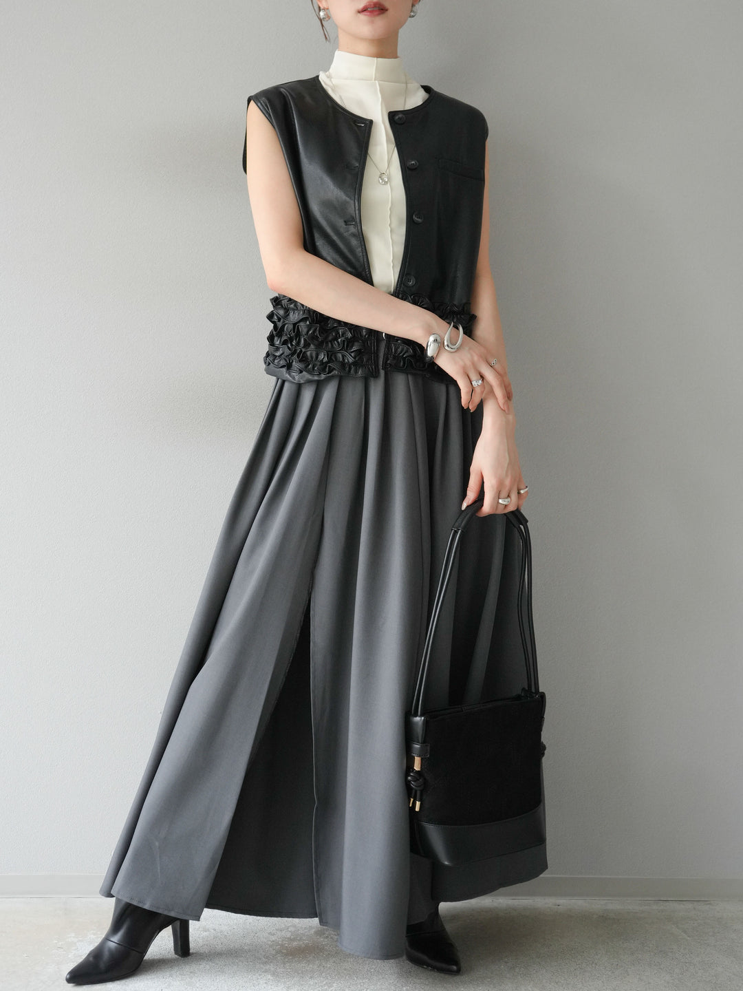 [予約]エステルプリーツスリットスカート/グレー