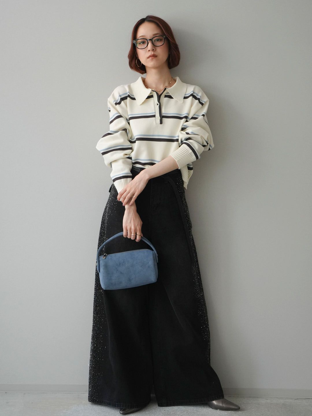 [予約]サイドビジューワイドデニムパンツ/black