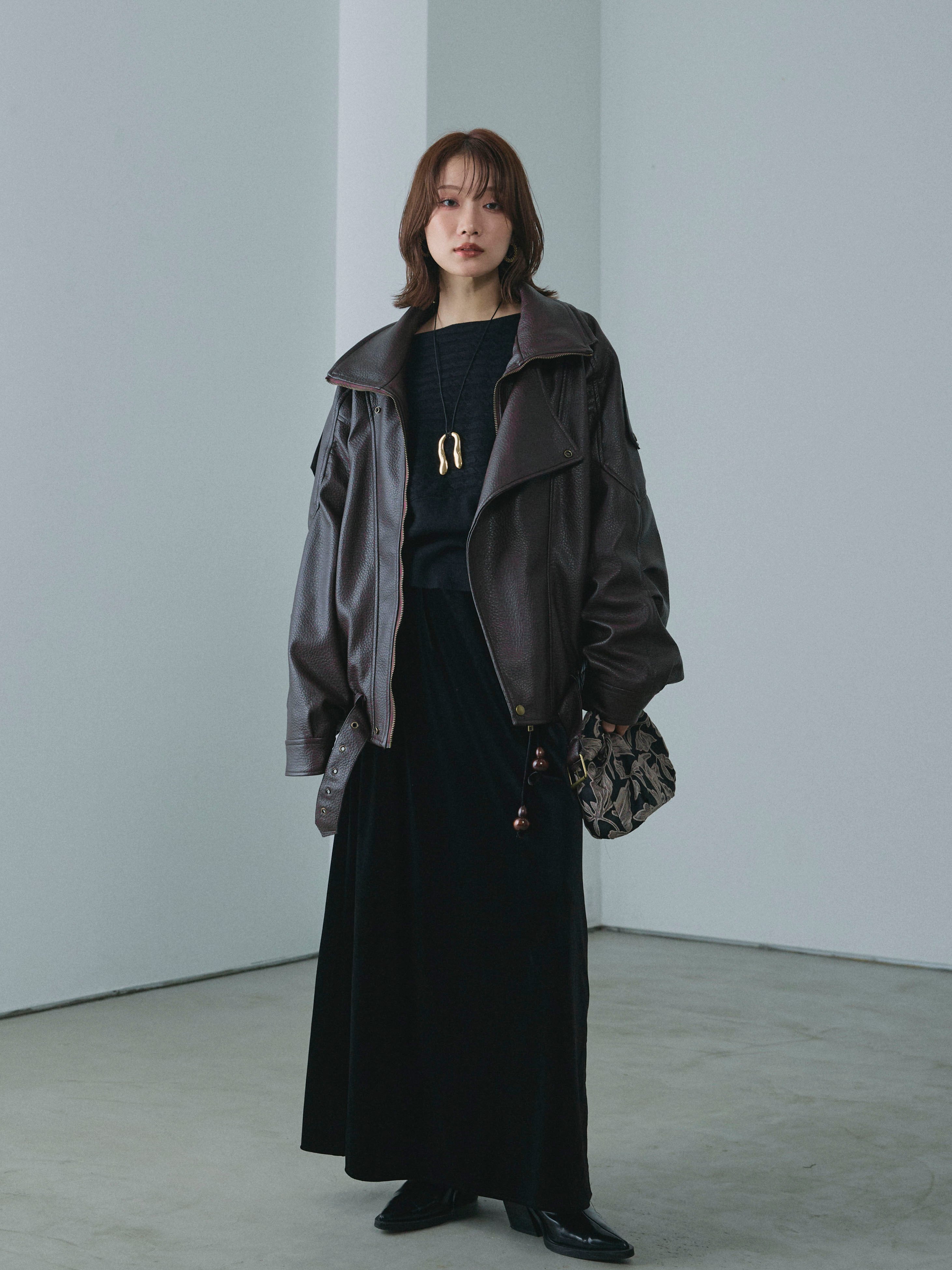 Allure】[SET]スタンドカラーレザーブルゾン+ベロアナロースカート