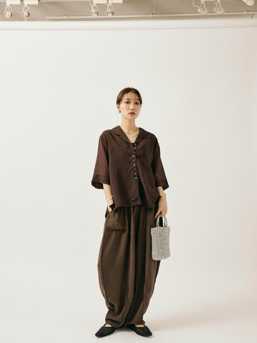 【Allure】[SET]シャイニースラブシアー開襟ハーフシャツ+リネンライクベイカーバルーンパンツ(2set)