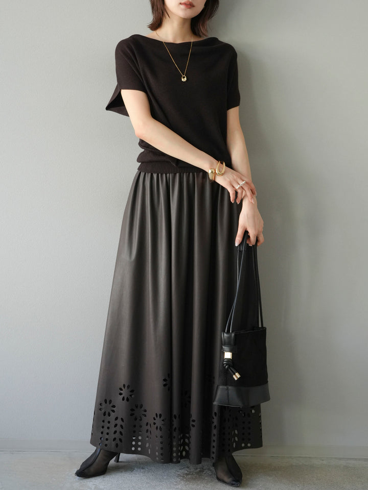 [予約]フラワーパンチングレザースカート/ブラウン